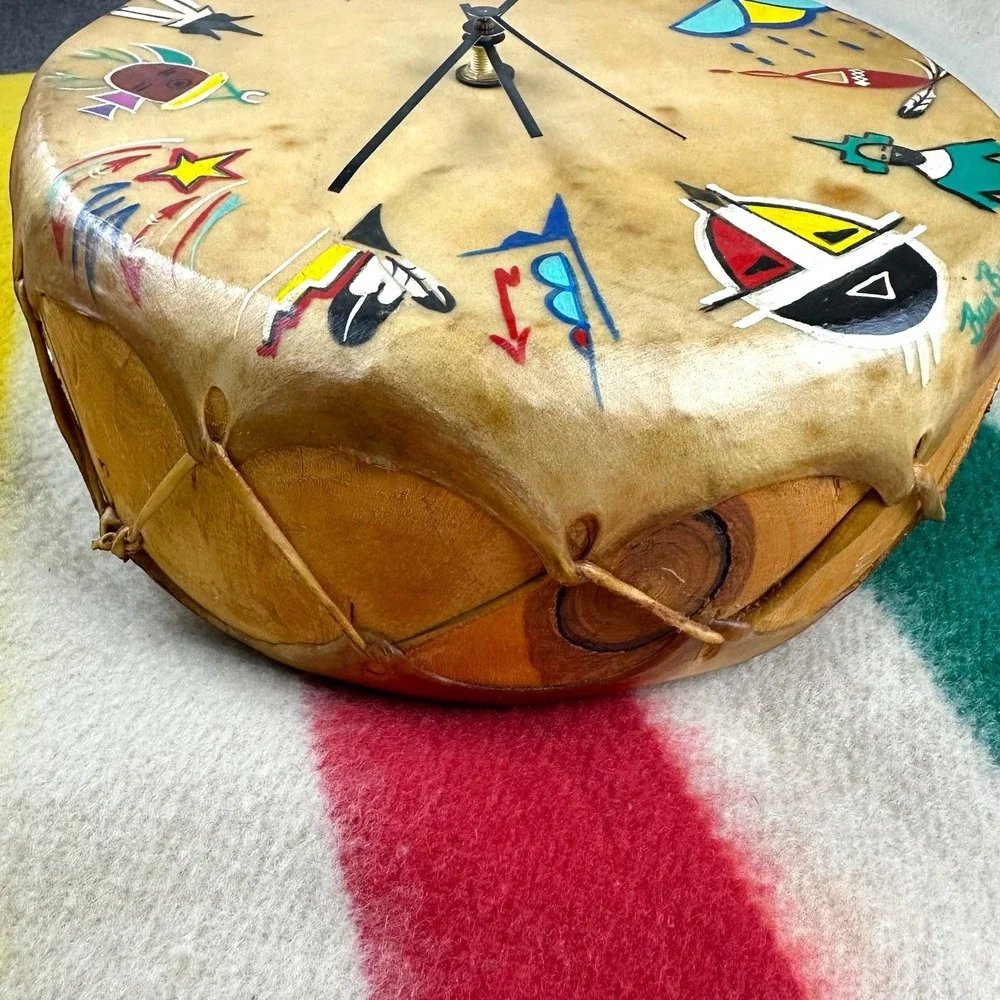 VTG Native American Clock Drum Cow Hyde Wood Symbols - WORKS‎ Artist 